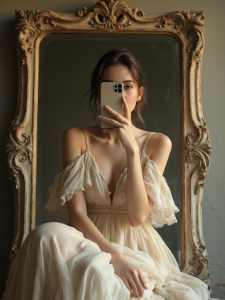 Hình ảnh gái xinh che mặt bằng điện thoại​ trước gương