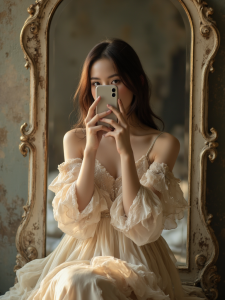 Hình ảnh gái xinh che mặt bằng điện thoại​ trước gương