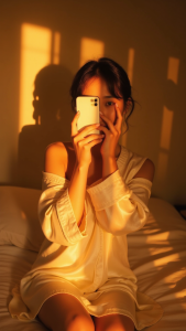 Hình ảnh gái xinh mặc đồ ngủ sexy che mặt bằng điện thoại​ trước gương