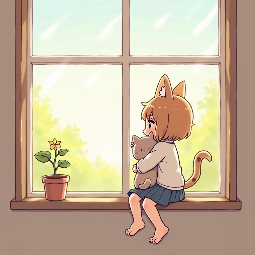 Anh anime cute nu voi tai meo dang ngoi om mot chu meo nho
