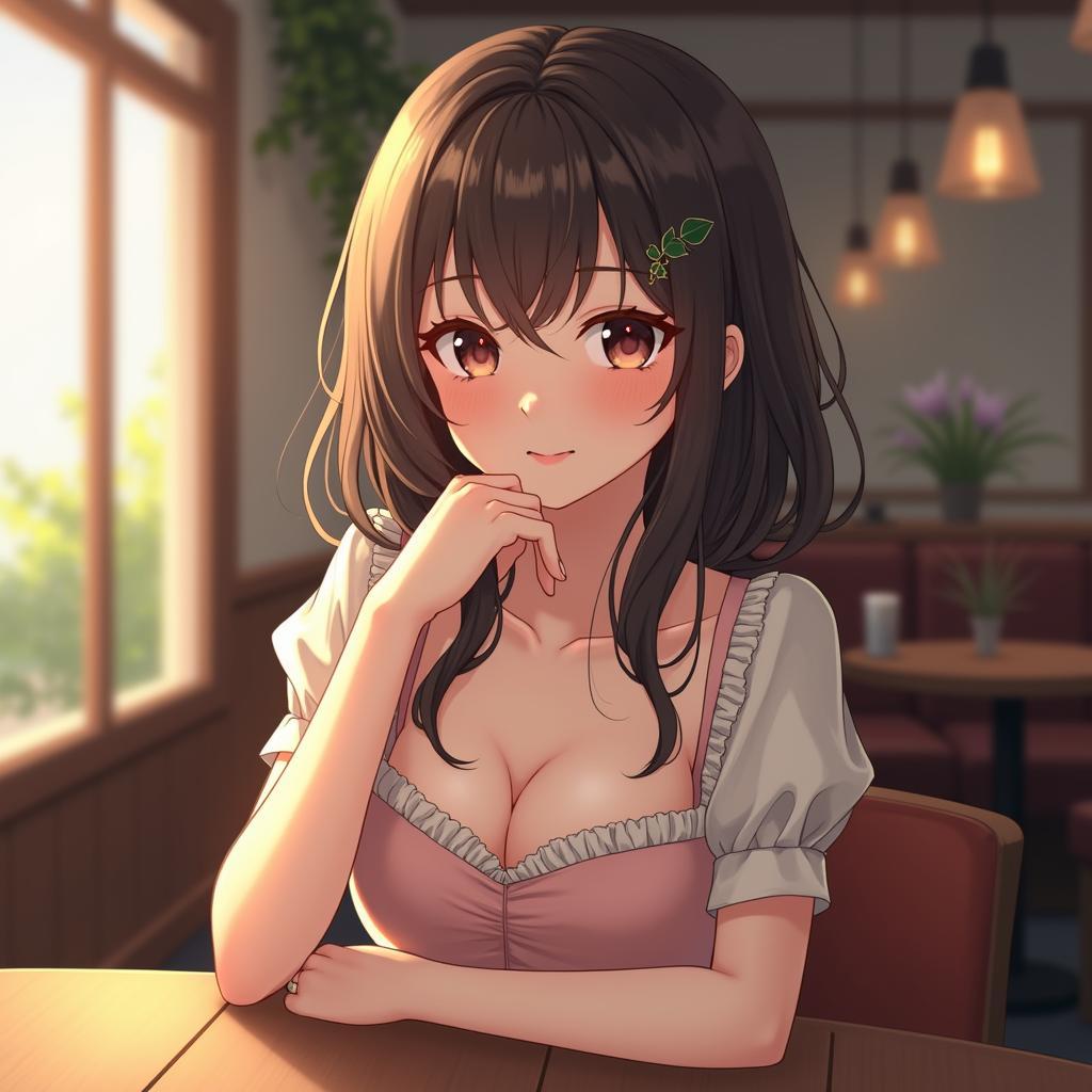 Anh anime nu quyen ru dang ngoi trong quan ca phe sang trong day cuon hut