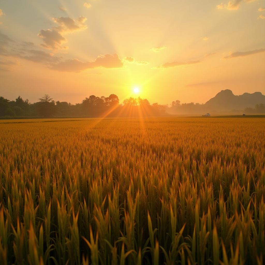 Ảnh bình minh trên cánh đồng lúa chín vàng óng ả, khung cảnh yên bình của làng quê Việt Nam