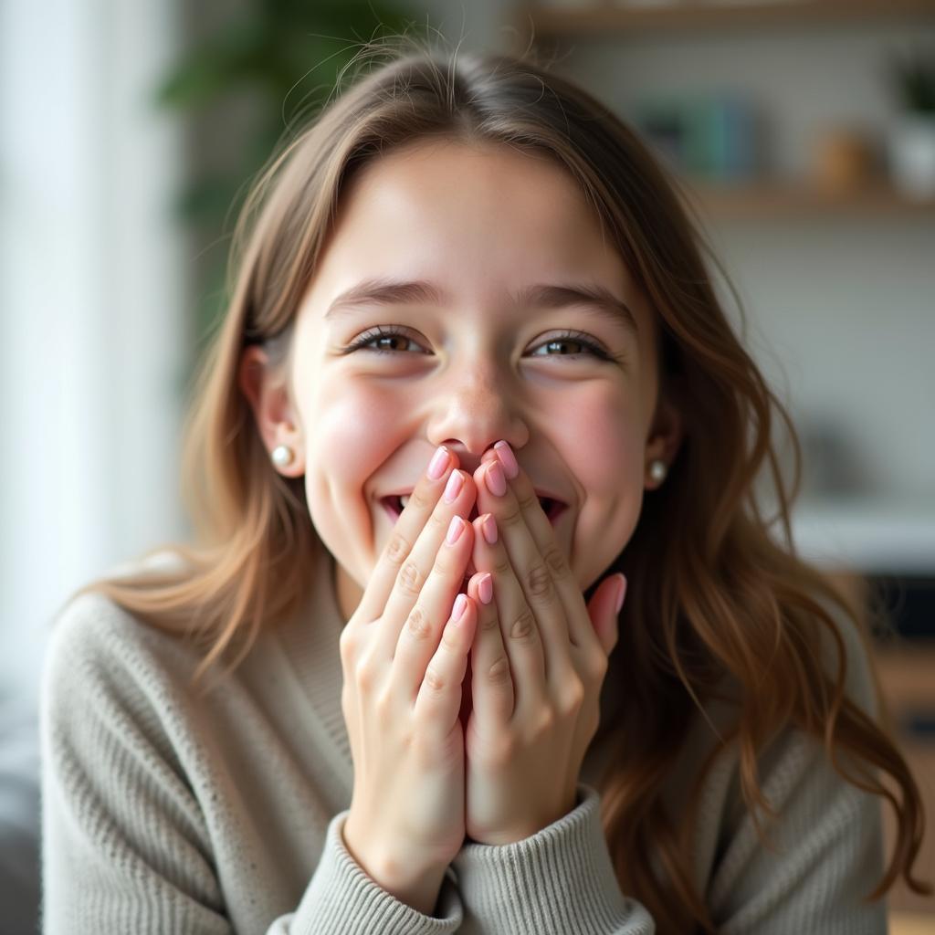 Ảnh gái đẹp che mặt bằng tay khi cười thể hiện sự ngại ngùng đáng yêu