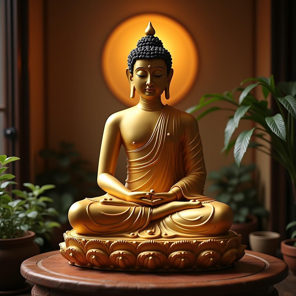 Hình ảnh Phật A Di Đà ngồi thiền, tay kết ấn định, trang nghiêm, tông màu ấm áp, tạo cảm giác bình yên