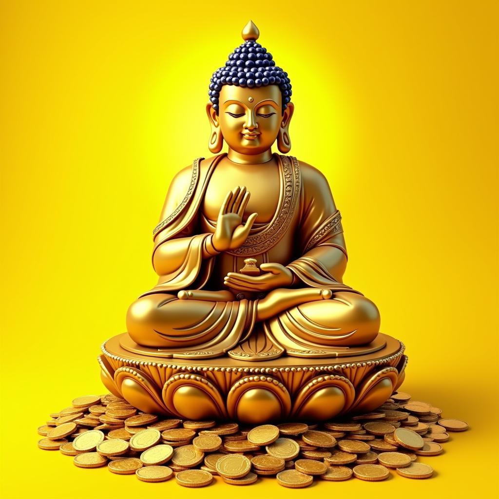Hình ảnh Phật Di Lặc ngồi trên đống tiền vàng, tay cầm thỏi vàng, nền màu vàng rực rỡ, biểu tượng của tài lộc, phú quý, sắc nét