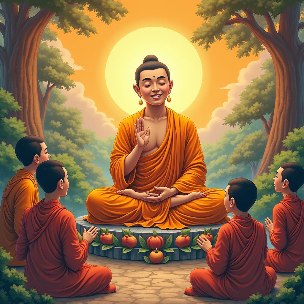 Hình ảnh Phật Thích Ca Mâu Ni đang thuyết pháp cho chư Tăng Ni và chúng sinh, uy nghiêm, ý nghĩa sâu sắc