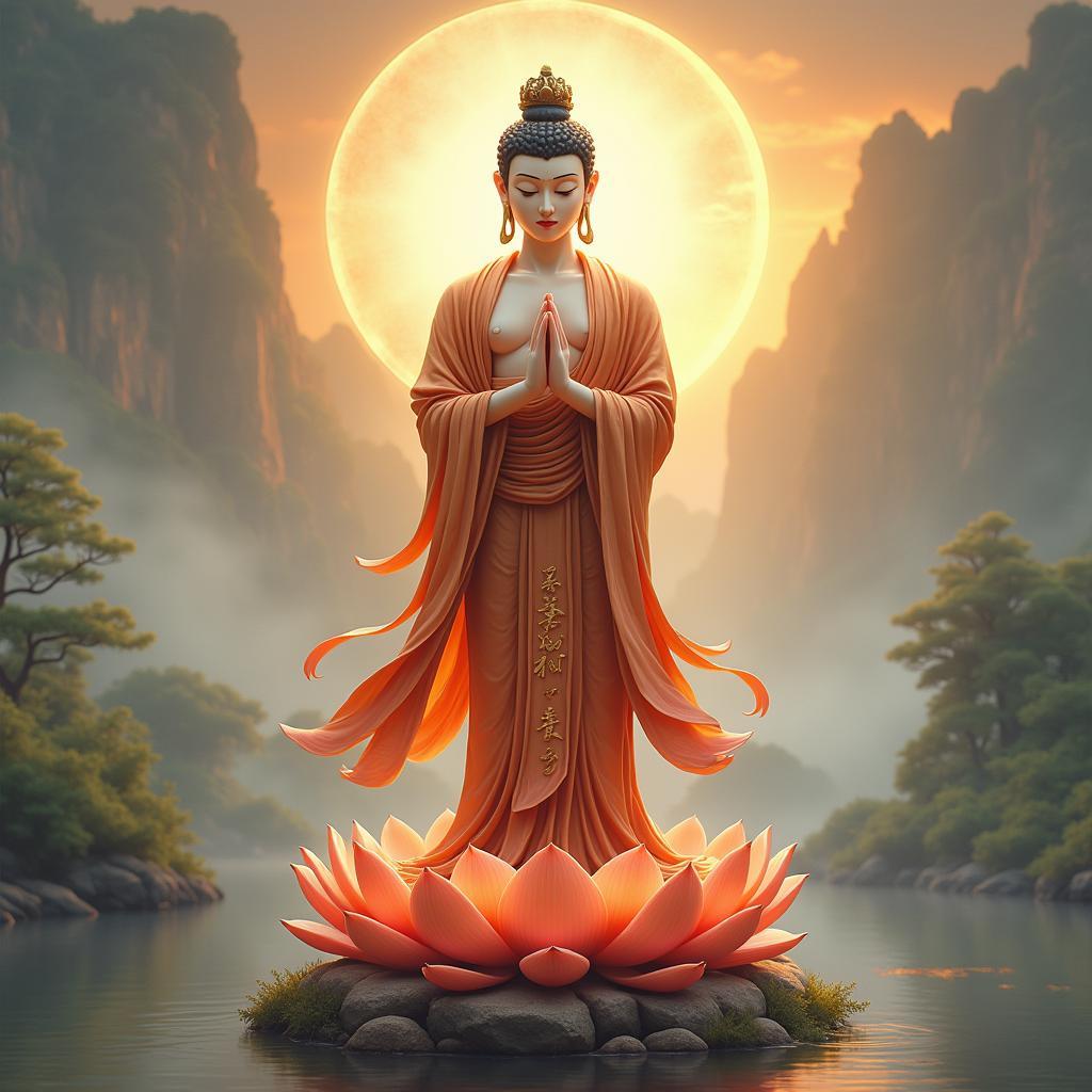 Ảnh Bồ Tát Quan Âm đứng trên đài sen rất đẹp làm hình nền điện thoại sắc nét
