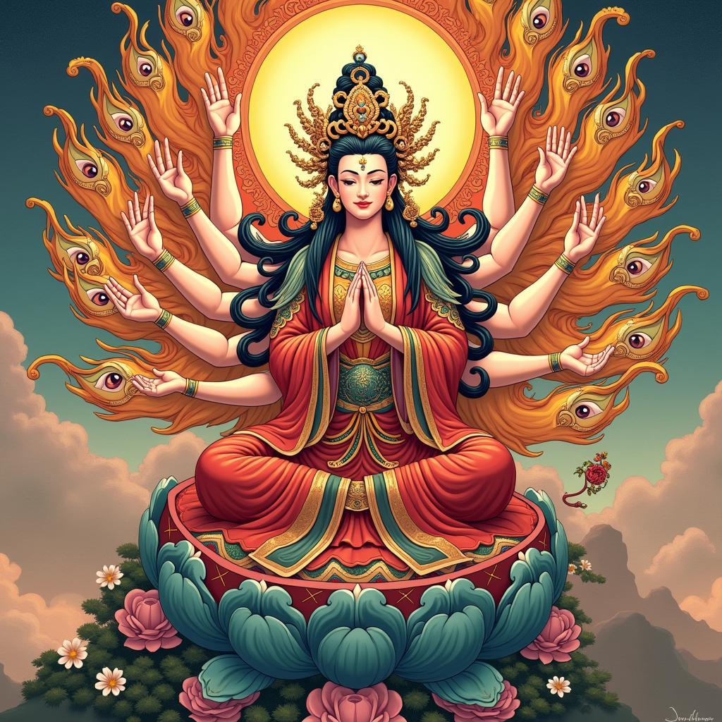 Hình ảnh Quan Âm nghìn mắt nghìn tay, thể hiện sự cứu độ khắp nơi, chi tiết tinh xảo, màu sắc tươi sáng, mang tính nghệ thuật cao