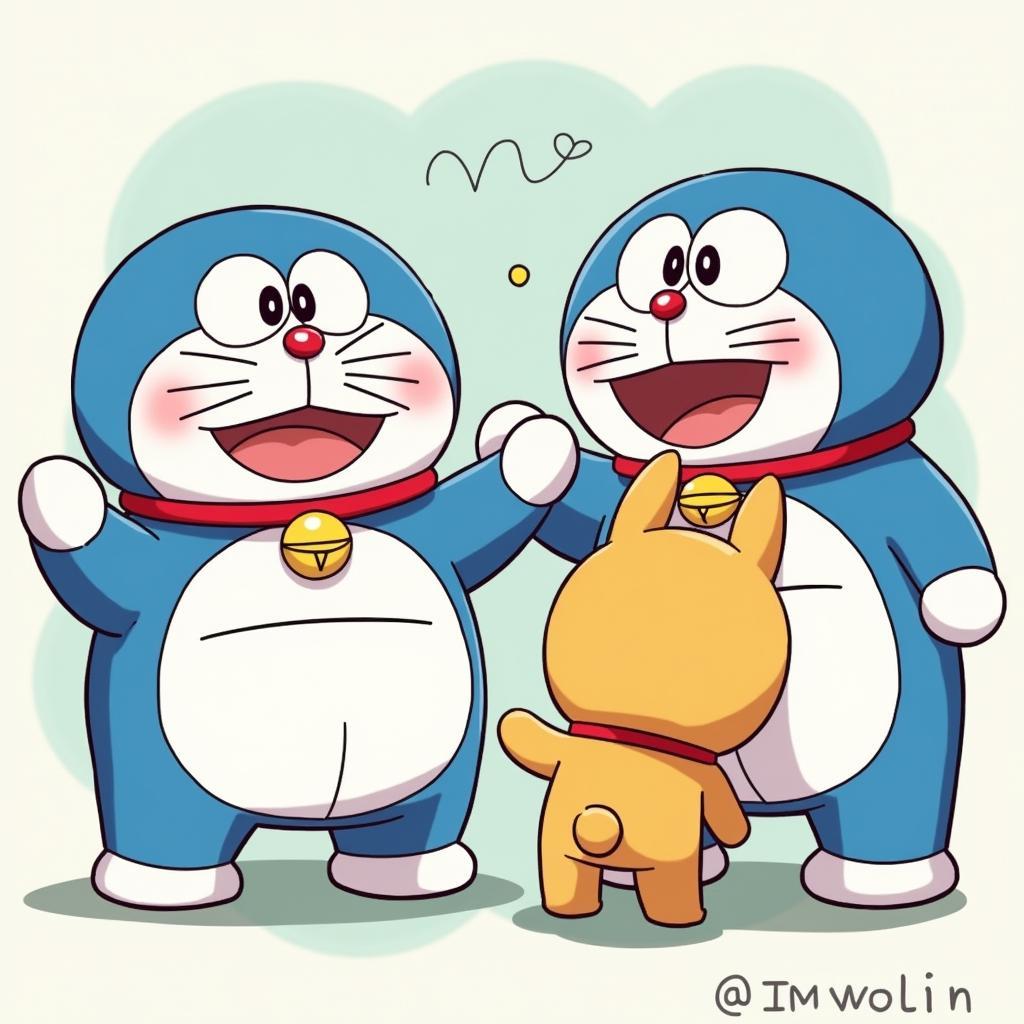 Ảnh Xuka, Doremon và Nobita đang chơi cùng nhau, thể hiện tình bạn