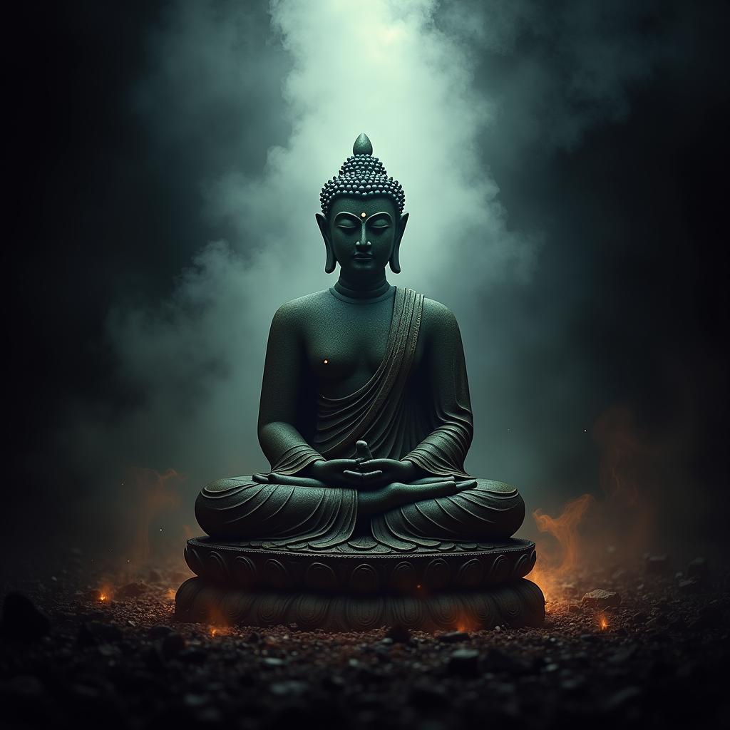 Hình ảnh digital art của một tượng Phật cổ kính với ánh sáng huyền ảo, phông nền trừu tượng, tạo cảm giác siêu thực, bí ẩn và trang nghiêm
