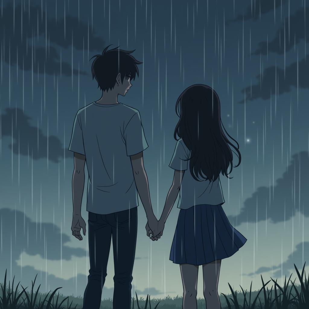 Hinh anh anime cap buon duoi con mua, the hien noi buon chia ly hoac tam trang u buon