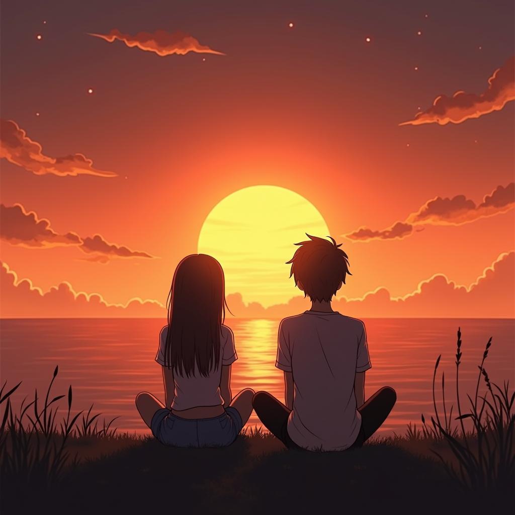 Hinh anh anime cap co don lang le nhin ve phia hoang hon day tam trang