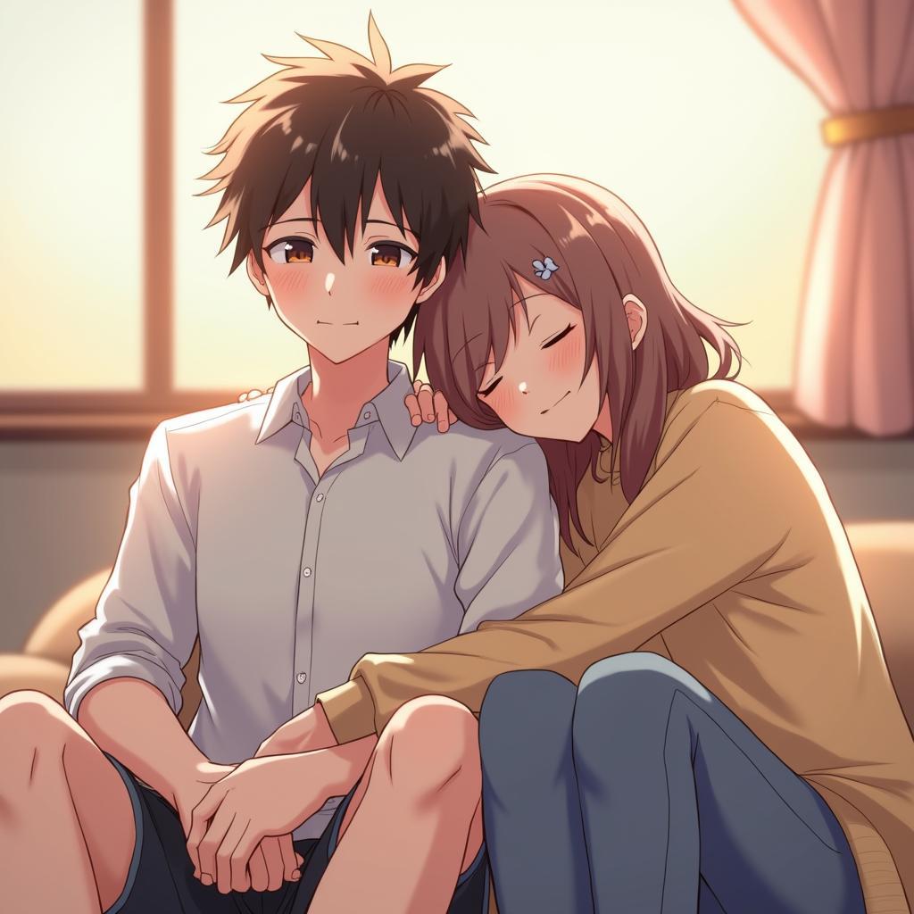 Hinh anh anime cap ngot ngao, mot nguoi tua vao vai nguoi kia day triu men