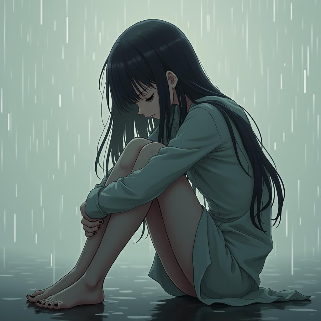 Hình ảnh anime nữ xinh đẹp buồn với ánh mắt đượm buồn và không gian tĩnh lặng