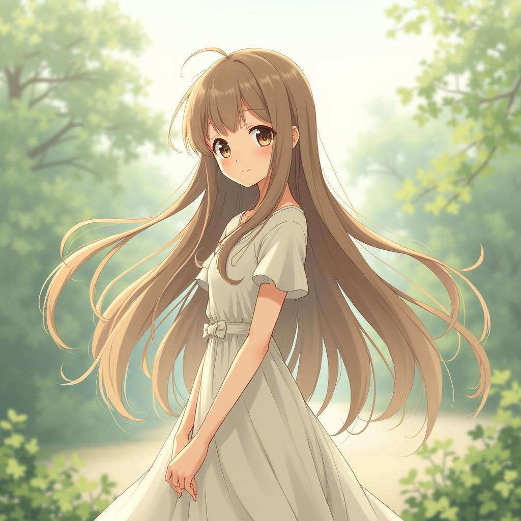 Hình ảnh anime nữ xinh đẹp tóc dài dịu dàng và nữ tính trong trang phục nhẹ nhàng
