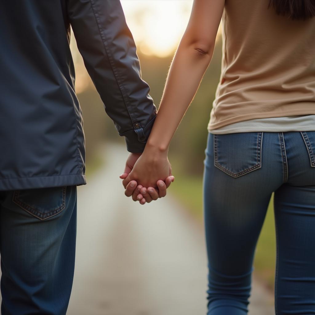Hình ảnh bàn tay cặp đôi nắm chặt thể hiện sự gắn bó "em đi cùng anh" trên con đường