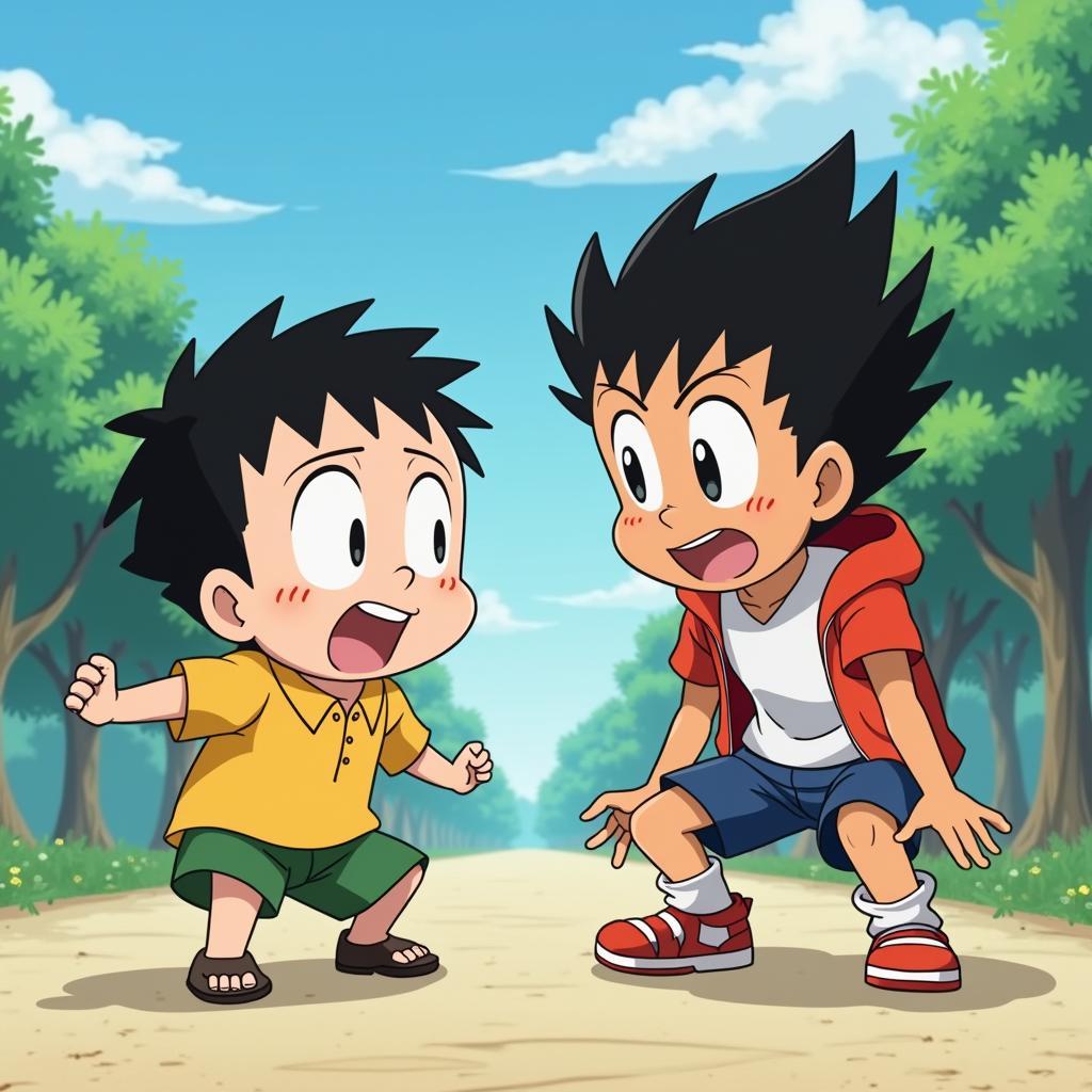 Hình ảnh Chaien và Xeko đang gây rắc rối cho Nobita, cảnh quen thuộc