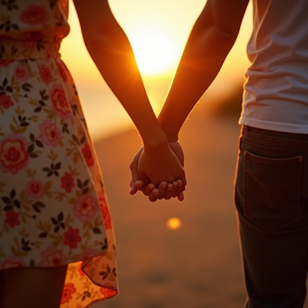Ảnh đôi nắm tay lãng mạn dưới ánh hoàng hôn, thể hiện tình yêu bền chặt của cặp đôi