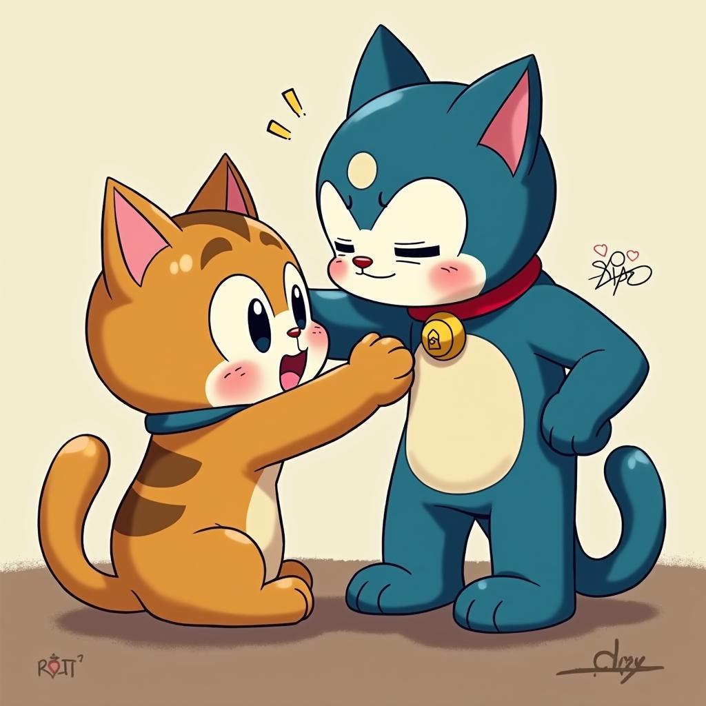 Hình ảnh Doremon an ủi Nobita lúc buồn, thể hiện tình bạn đẹp đẽ