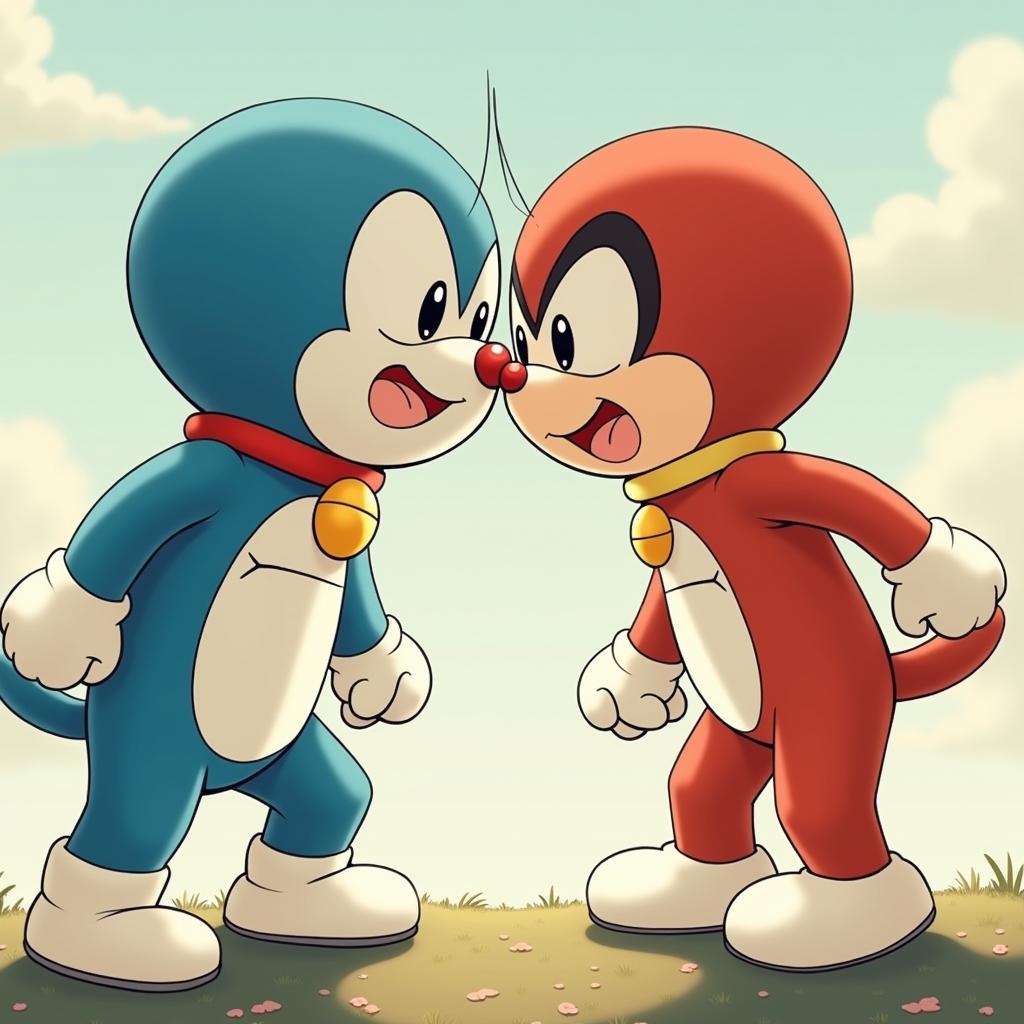 Hình ảnh Doremon và Nobita cùng nhau vượt qua khó khăn, thể hiện sự đoàn kết