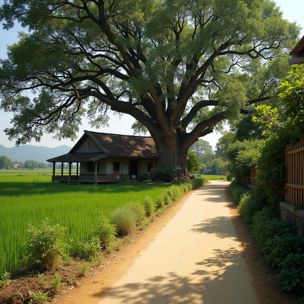 Hinh anh duong lang que Viet Nam co cay da va mai dinh