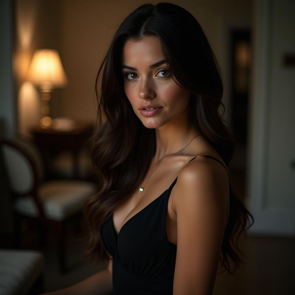 Hình ảnh gái sexy quyến rũ với váy đen thanh lịch, dáng pose cuốn hút, chất lượng cao HD