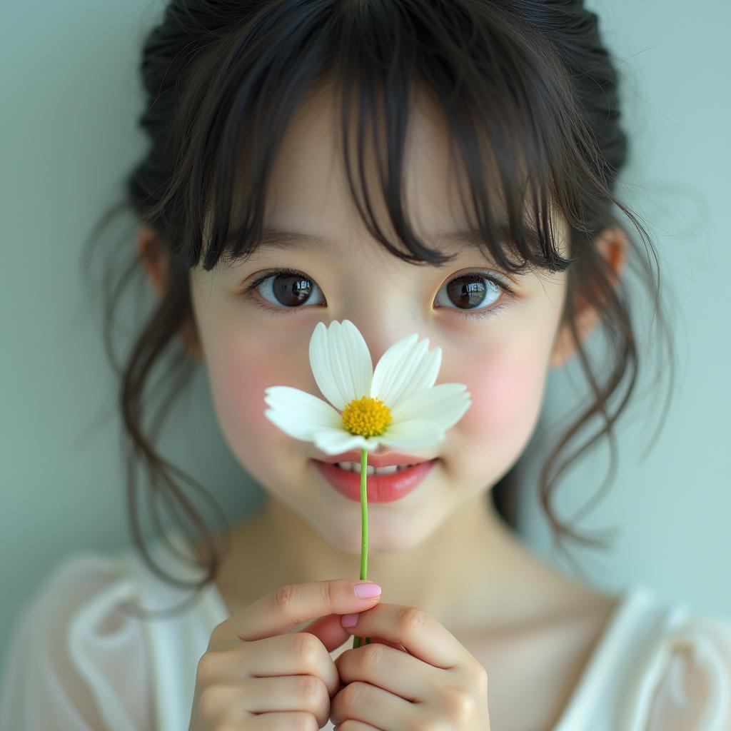 Hình ảnh girl xinh che mặt một phần bằng bông hoa tạo nên vẻ đẹp nghệ thuật tinh tế