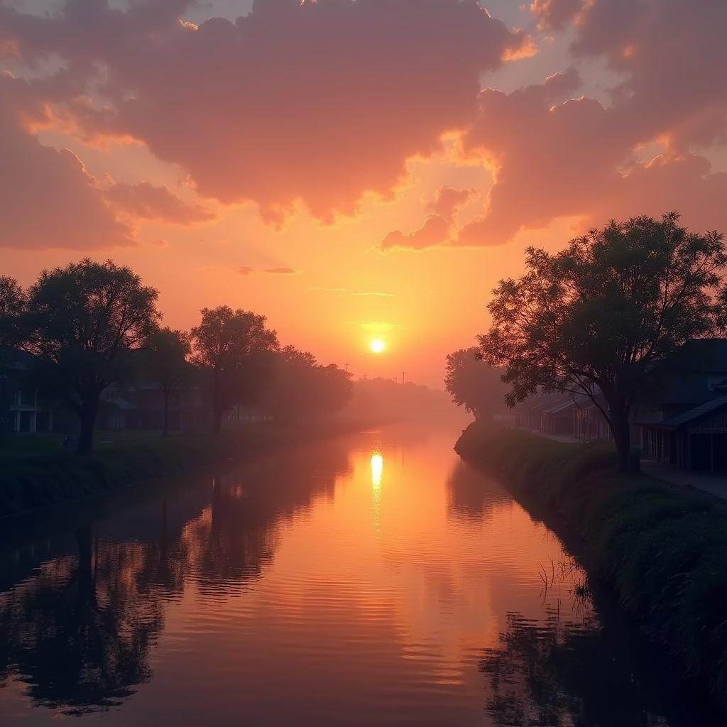 Hinh anh hoang hon tren song o lang que binh yen