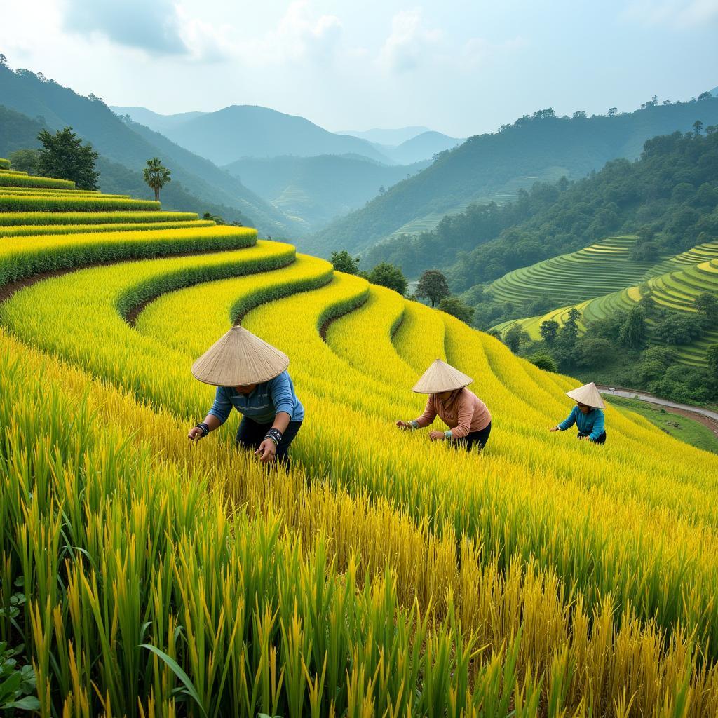 Hinh anh lang que mien Bac mua gat tren nhung thua ruong