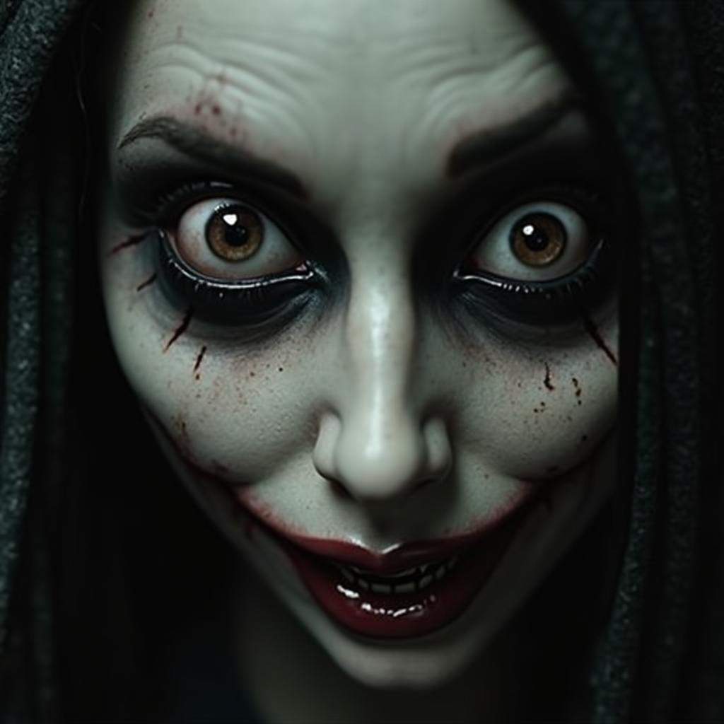 Hình ảnh ma kinh dị phong cách creepypasta với gương mặt quỷ dị và đôi mắt đen vô hồn nhìn thẳng vào người xem.