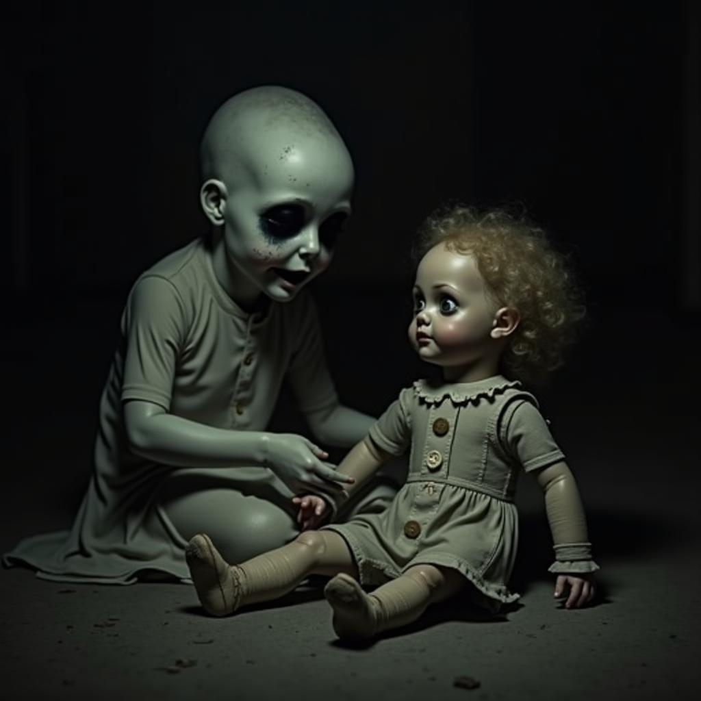 Hình ảnh ma kinh dị ma trẻ em với đôi mắt trống rỗng ngồi chơi búp bê cũ trong bóng tối.