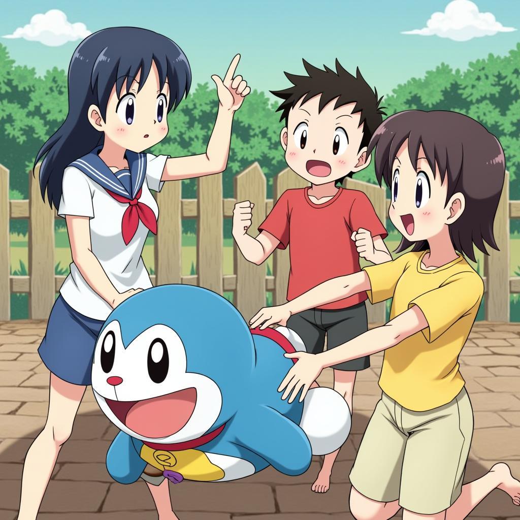 Hình ảnh nhóm bạn Doremon bao gồm Nobita, Xuka, Chaien, Xeko, và Doremon
