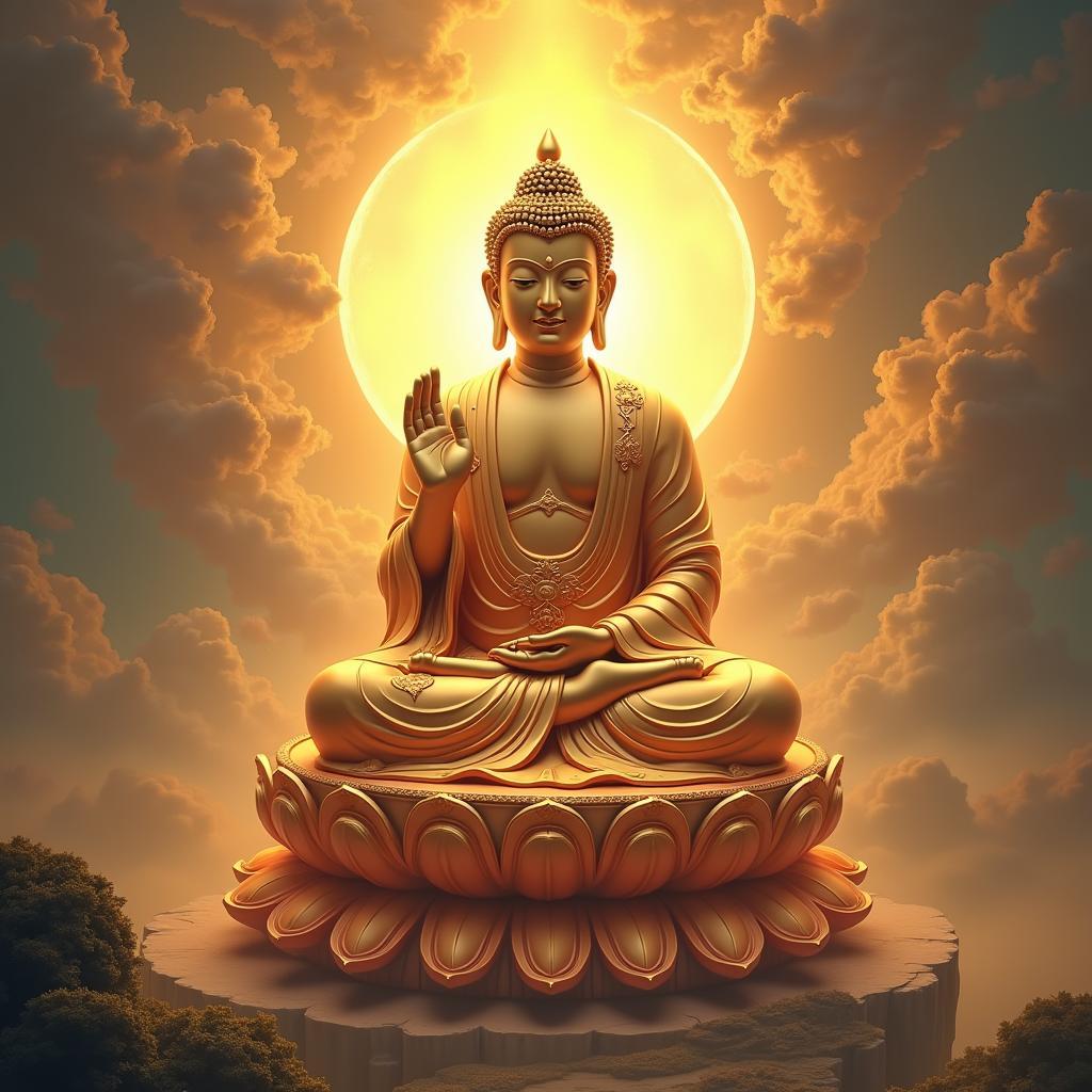 Hình ảnh Phật A Di Đà đứng trên đài sen, phóng quang rực rỡ, cảnh giới Tây Phương Cực Lạc phía sau, sắc nét, trang nghiêm