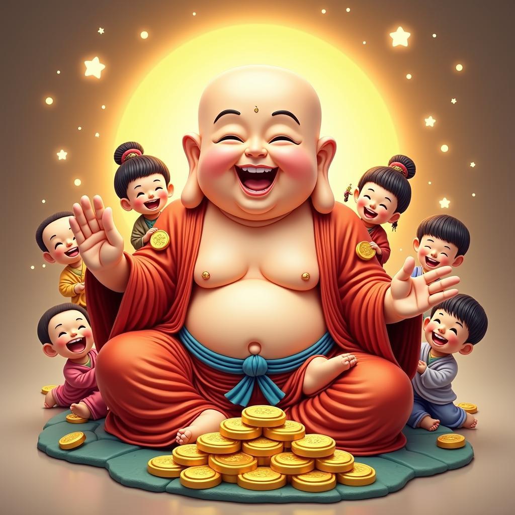 Hình ảnh Phật Di Lặc với nụ cười rạng rỡ, ngồi hoặc đứng, xung quanh là trẻ nhỏ hoặc biểu tượng may mắn, toát lên sự vui vẻ, lạc quan