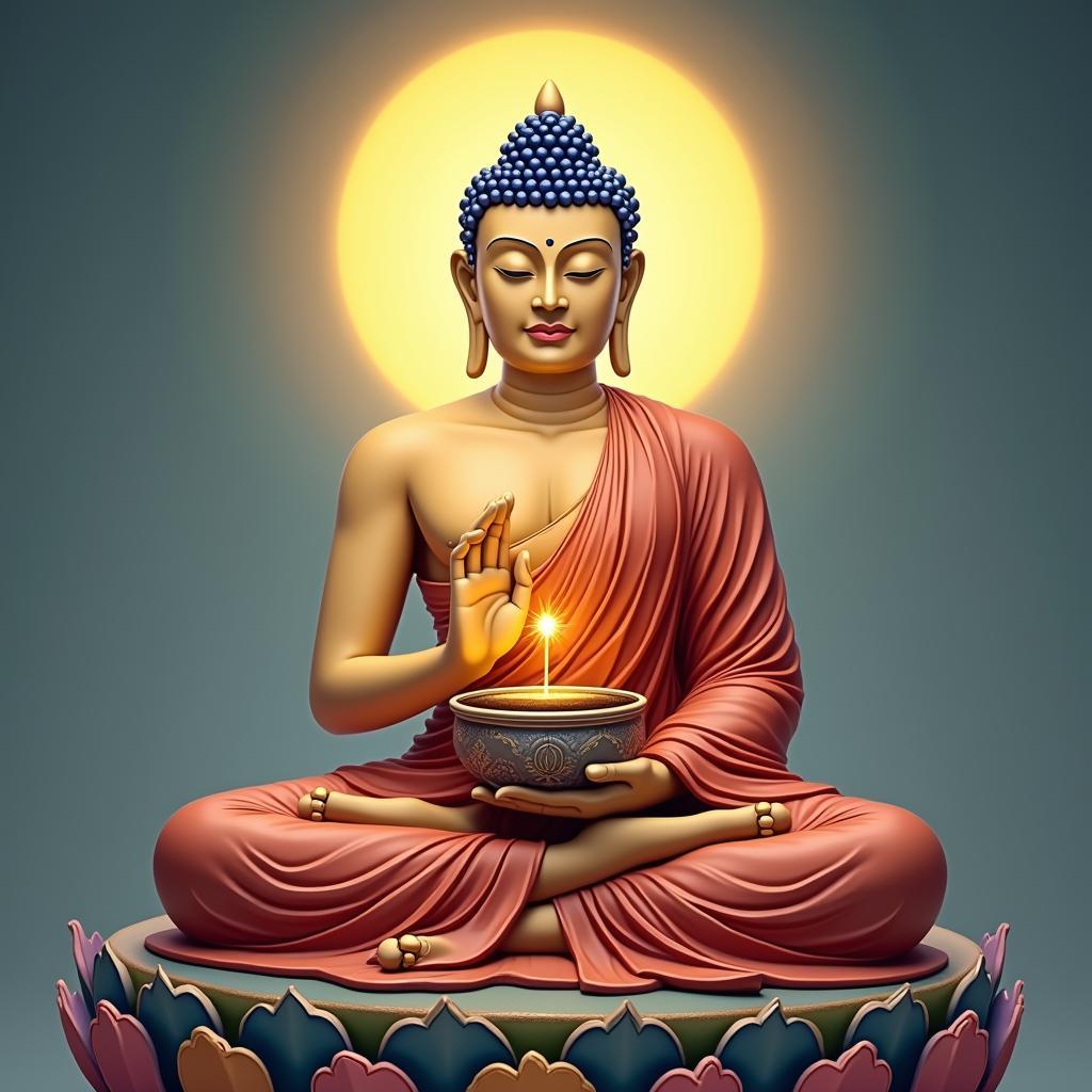 Hình ảnh Phật Dược Sư trong tư thế thiền định, tay cầm bát thuốc hoặc bảo tháp, toát lên năng lượng chữa lành, màu sắc thanh tịnh