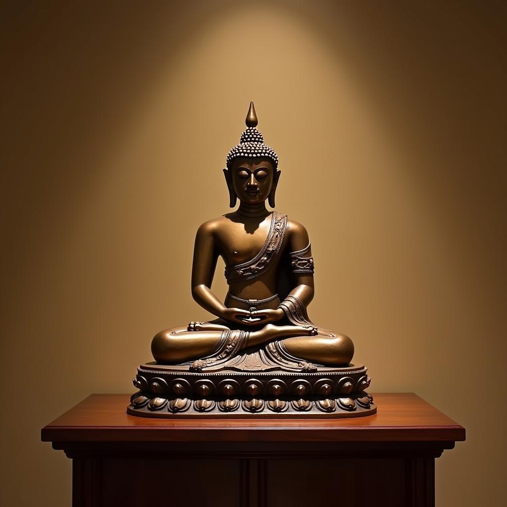 Hình ảnh tượng Phật Thích Ca Mâu Ni bằng đồng đặt trên bàn thờ gỗ trang nghiêm, phông nền đơn giản, ánh sáng ấm áp, phù hợp in ấn để thờ cúng