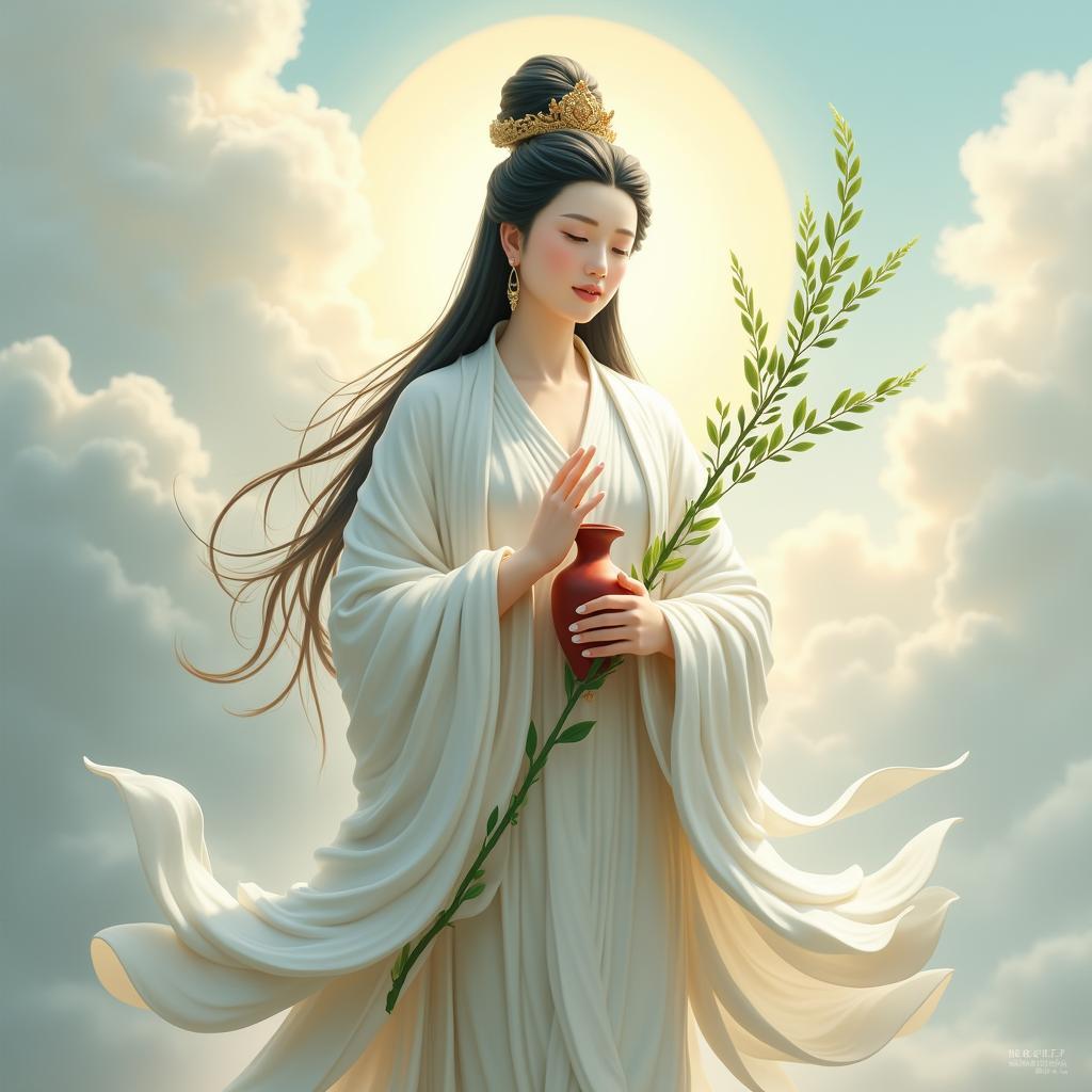 Hình ảnh Quan Thế Âm Bồ Tát với nét mặt hiền từ, tay cầm cành dương liễu và bình cam lộ, trang phục trắng tinh khiết, nền bầu trời hoặc mây bồng bềnh