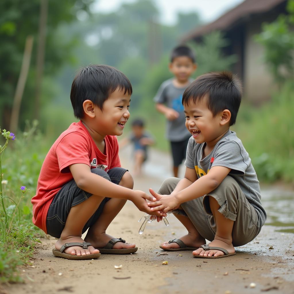 Hinh anh sinh hoat lang que voi tre em dang vui choi