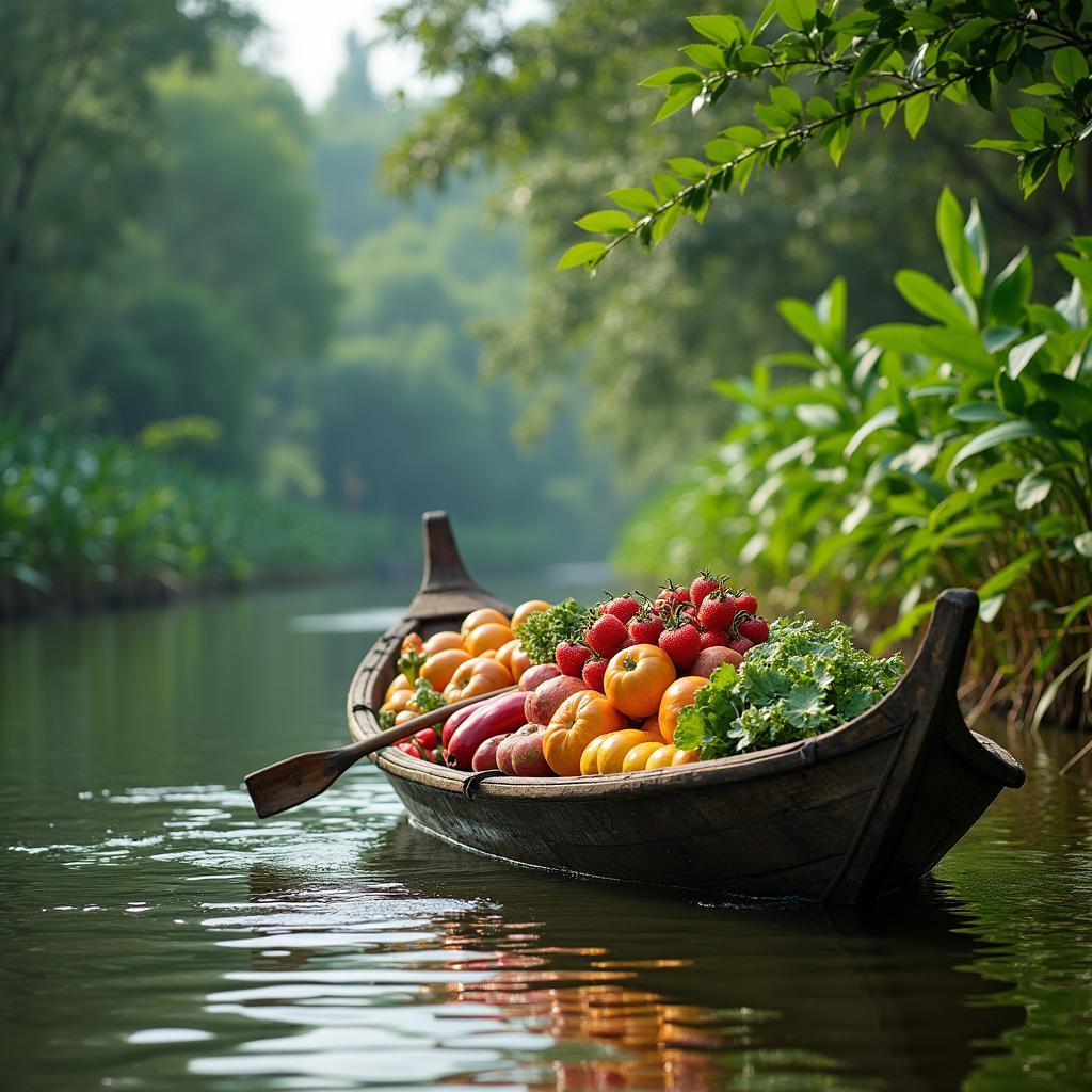 Hinh anh song nuoc que huong mien Tay voi chiec thuyen tro hoa qua