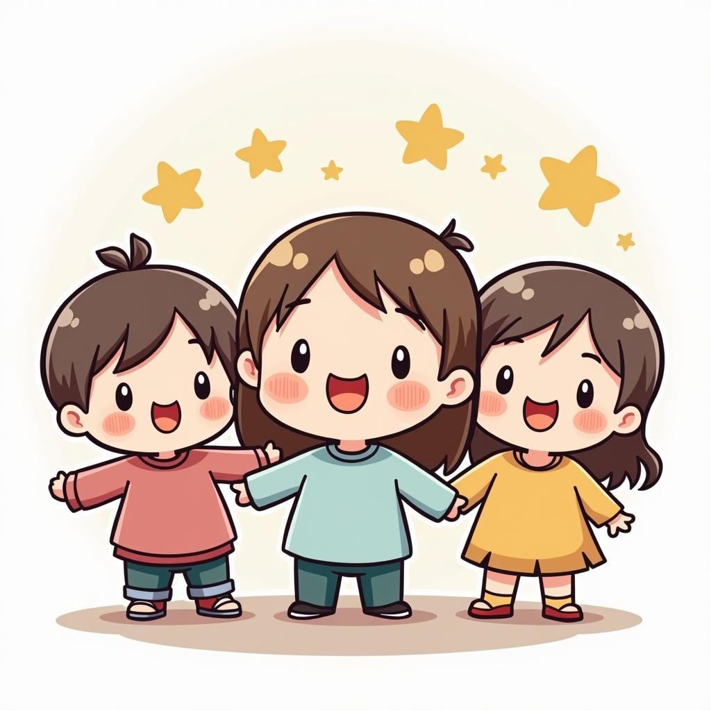 Hinh anh nen cute voi nhom nhan vat hoat hinh dang yeu phong cach chibi, nhieu mau sac tuoi sang.