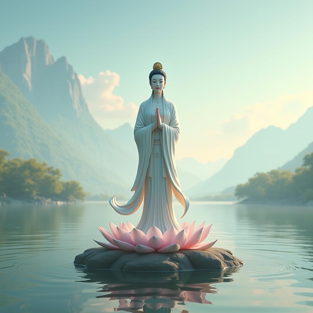 Hình nền máy tính với hình ảnh Quan Âm Bồ Tát đứng trên đài sen, phong cảnh hồ nước yên bình, chất lượng 4K sắc nét, phù hợp màn hình ngang