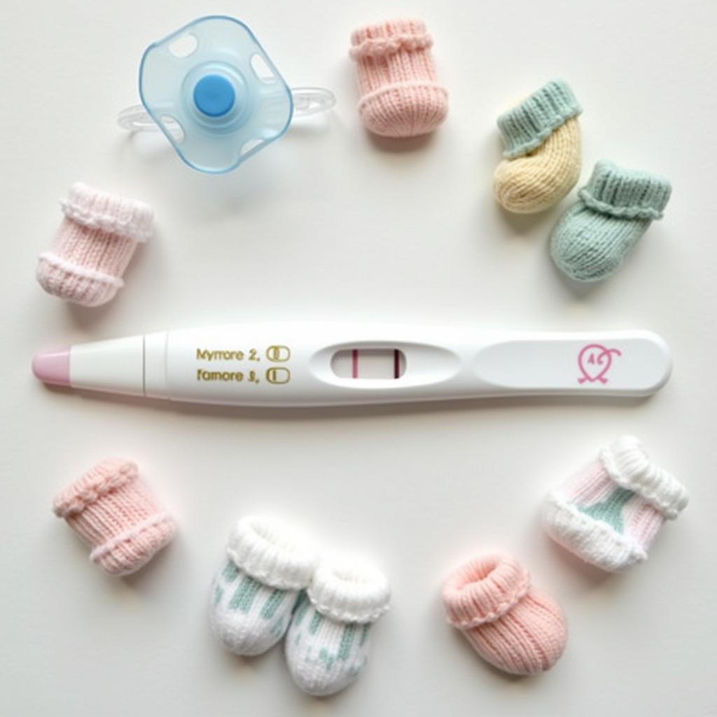 Que thử thai 2 vạch đặt cùng đồ sơ sinh, ý tưởng thông báo tin vui ngọt ngào