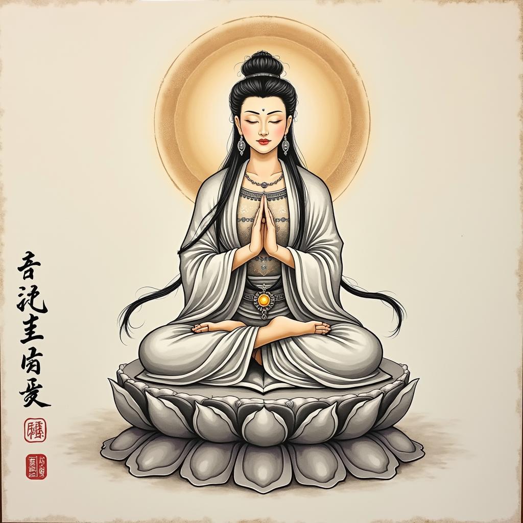 Tranh vẽ Quan Âm Bồ Tát thủy mặc hoặc sơn dầu, phong cách nghệ thuật truyền thống, thích hợp treo tường trong phòng khách hoặc phòng thiền định