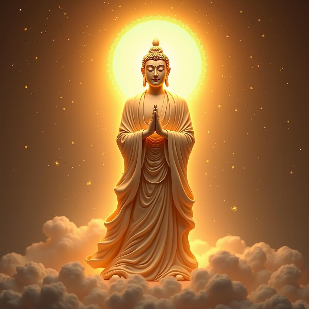 Ảnh Phật A Di Đà đứng từ bi với ánh hào quang rực rỡ bao quanh