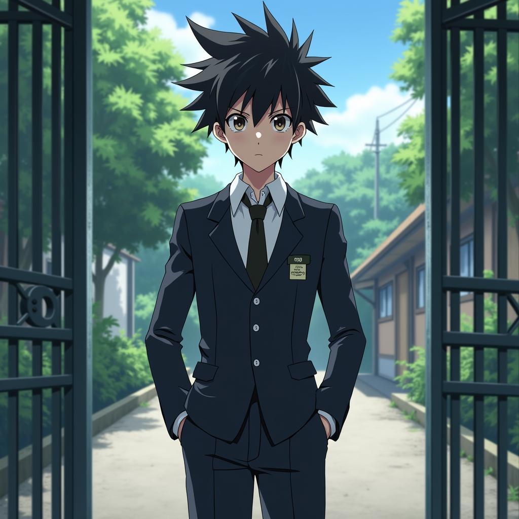 Hình ảnh anime nam ngầu đứng trước cổng trường với ánh mắt lạnh lùng