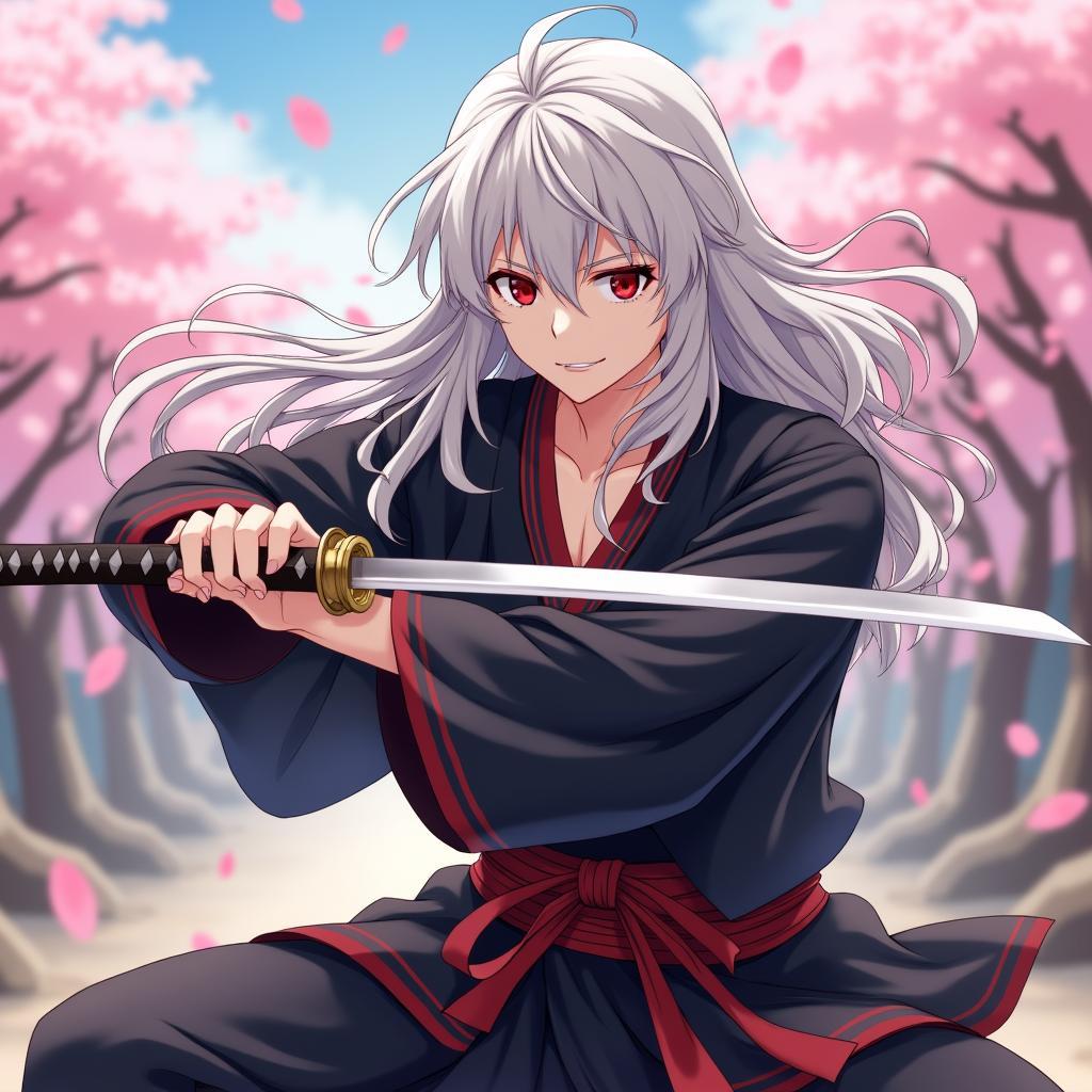 Hình ảnh anime nam ngầu với thanh kiếm Nhật Bản