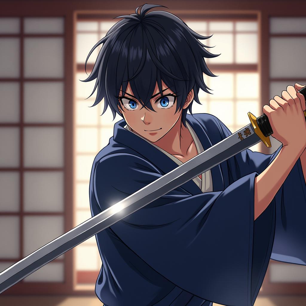 Hình ảnh anime nam ngầu luyện kiếm tư thế dũng mãnh