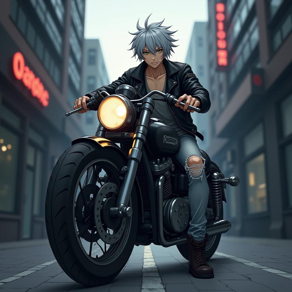 Hình ảnh anime nam ngầu ngồi trên xe moto phân khối lớn