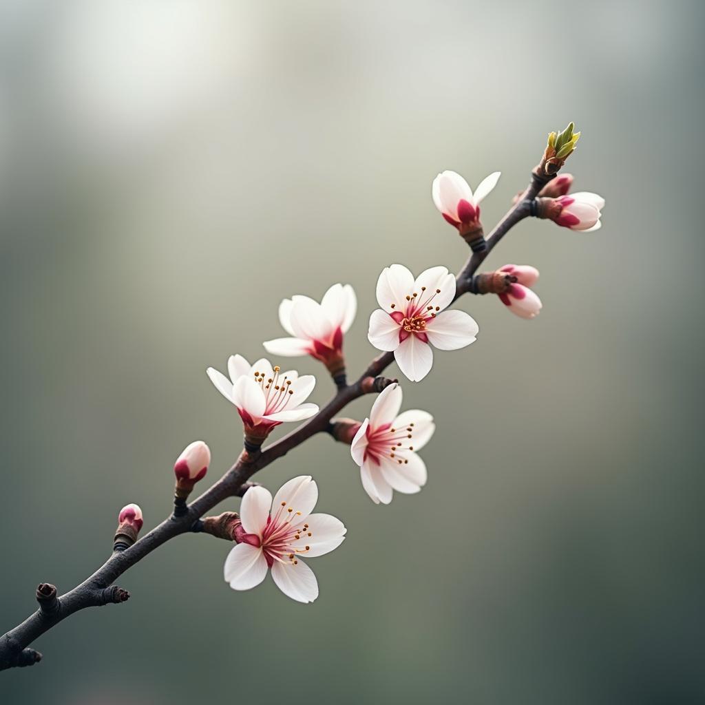 Hình ảnh cành mai nhỏ được chụp nghệ thuật làm điểm nhấn cho không gian