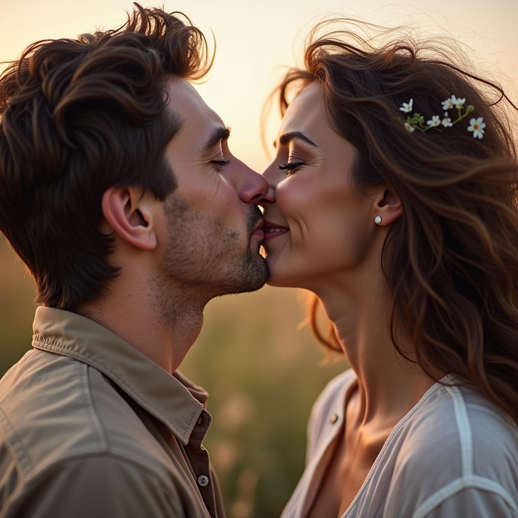 Ảnh cặp đôi yêu nhau đang chu mỏ hôn nhau, cả hai đều cười rất tươi